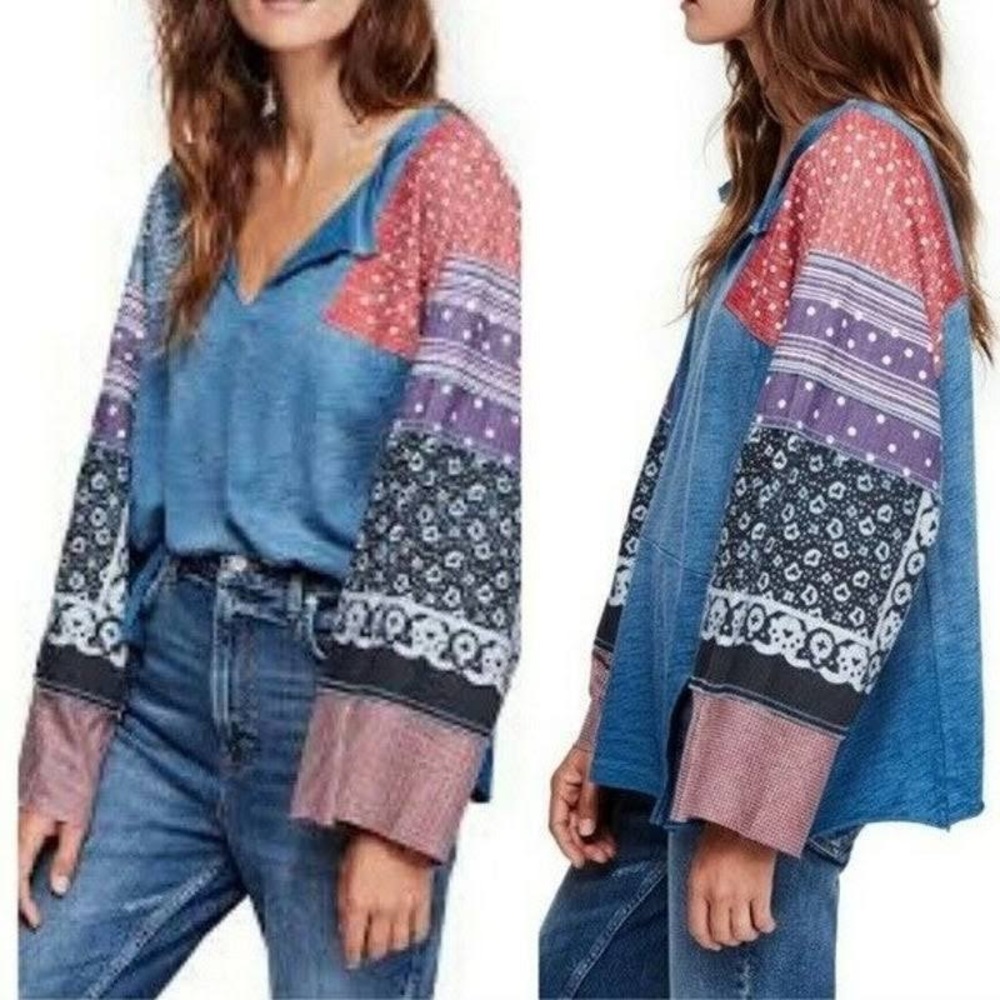 We the Free People Shibuya Oversized Patchwork Boho Pullover Top